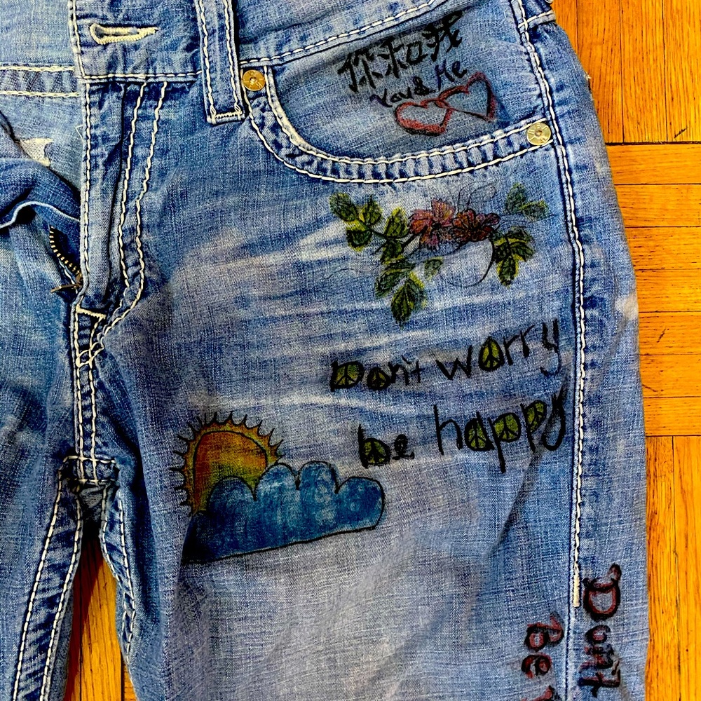 True Religion 34” up-cycled unisex jeans.